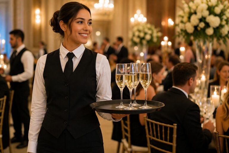 Professional event staff member serving drinks at an upscale event in Dallas