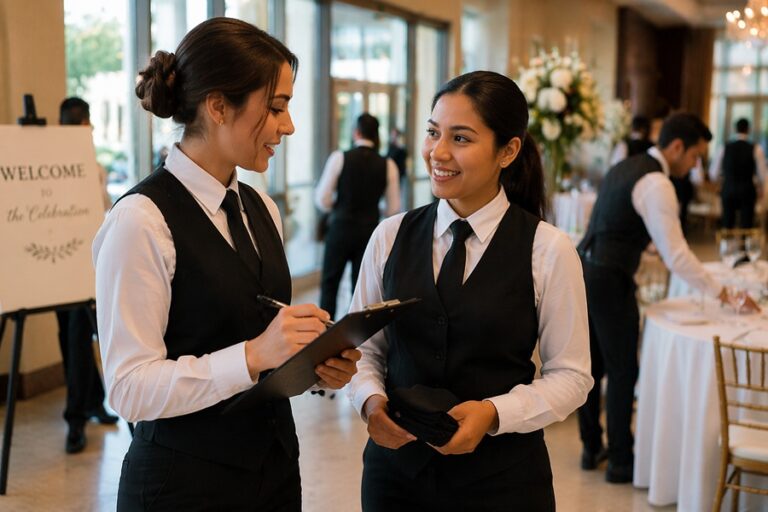 New event staff arriving and checking in for a shift at a Dallas event