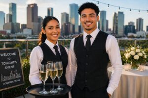 Two event staff members standing at an outdoor event with the Houston skyline in the background