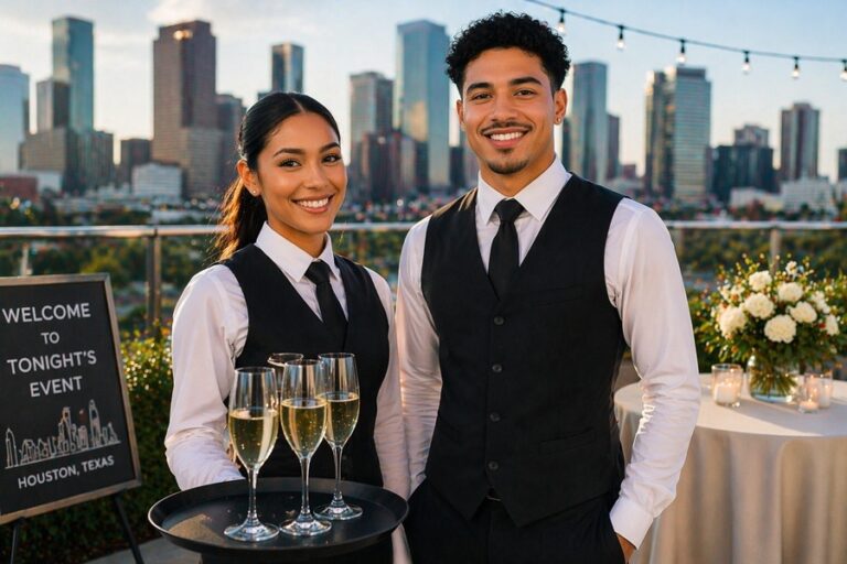 Two event staff members standing at an outdoor event with the Houston skyline in the background