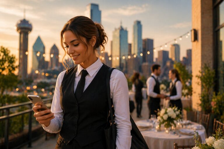 Young event staff professional checking her schedule at a Dallas event during golden hour
