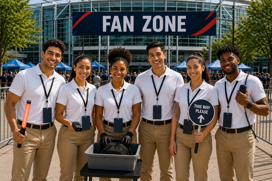 Security and guest services staff posing inside a sporting event fan zone outside a stadium