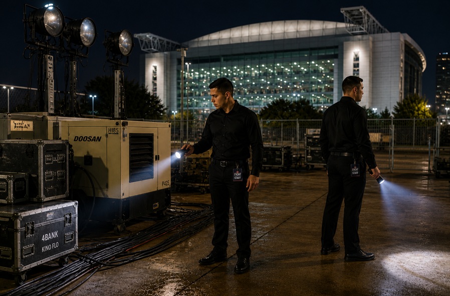 Sporting event night watch security staff patrolling stadium perimeter after hours during an evening event