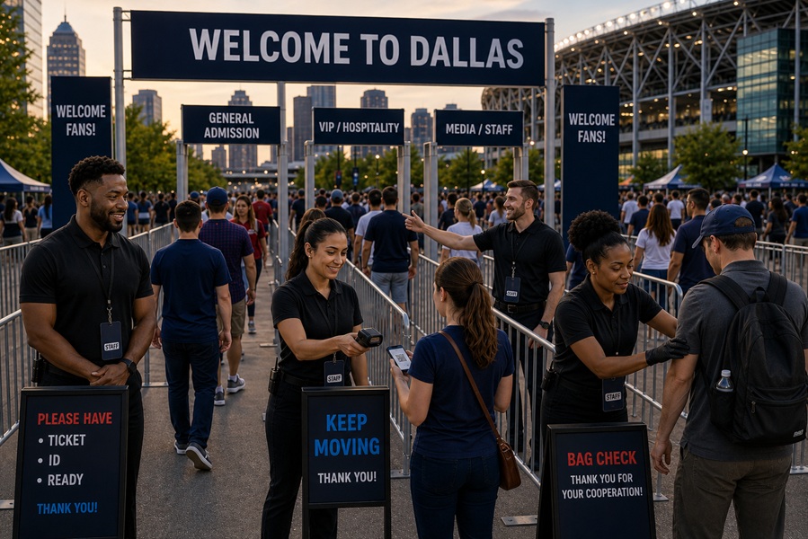 Sporting event security staff scanning tickets and performing bag checks at stadium entry gates