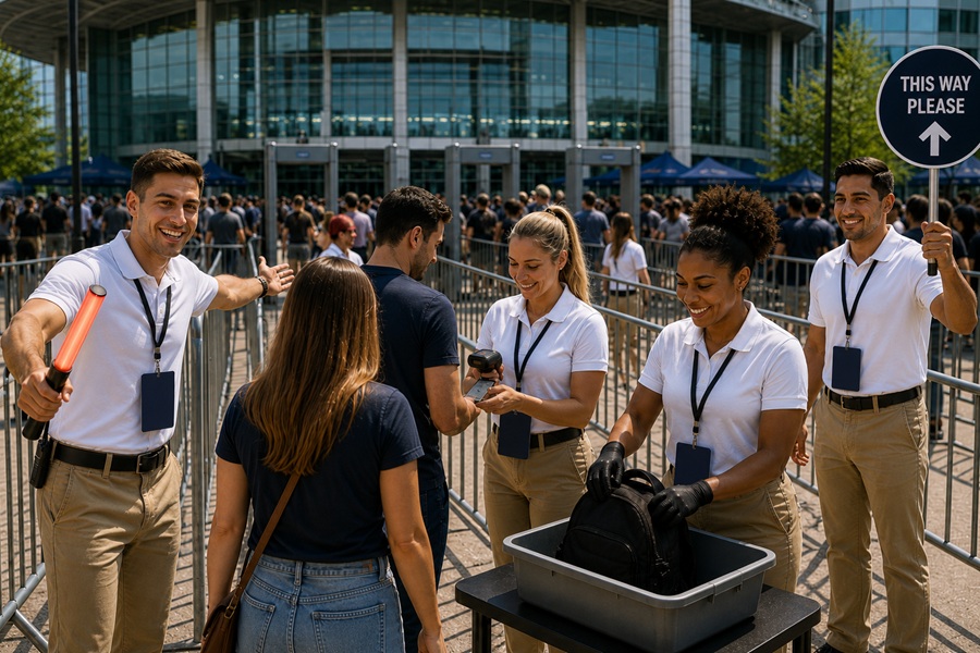 Sporting event ushers and bag screening staff assisting guests entering a crowded stadium event