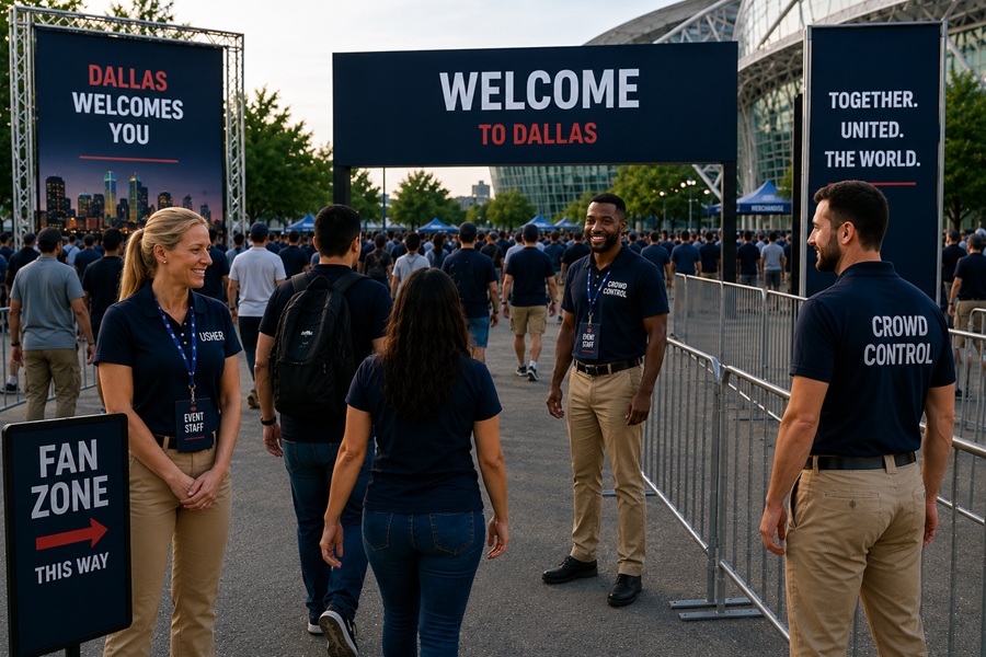 Sporting event crowd control and usher staff directing guests into a large fan zone entrance in Dallas Texas