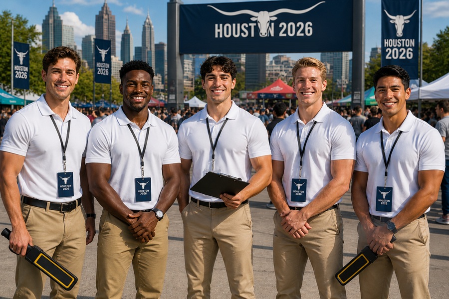 Sports event ushers and directional staff helping guests move through a fan zone entrance outside a stadium