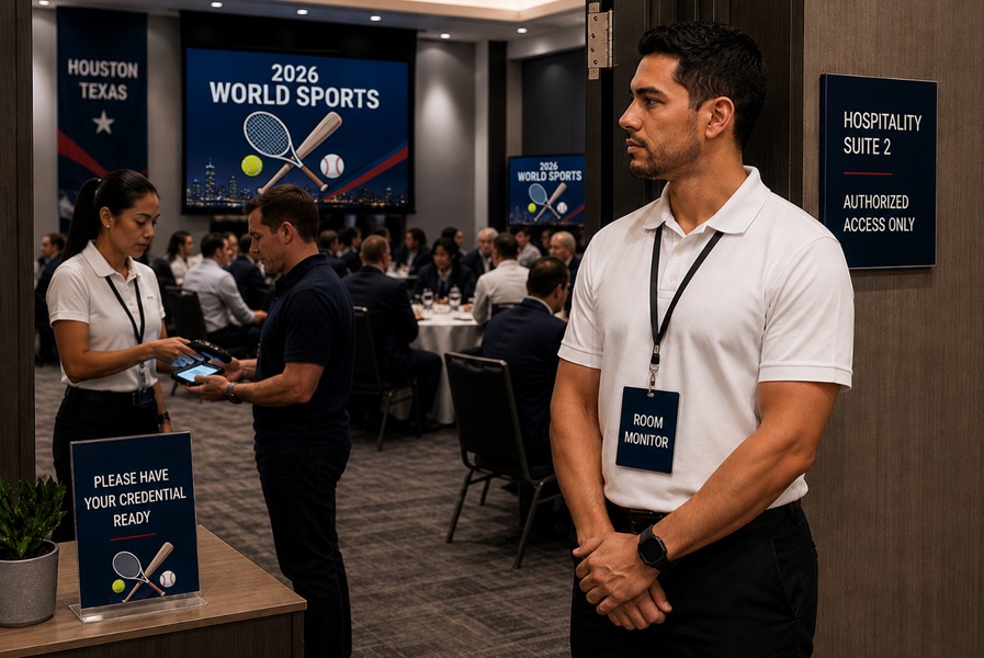 VIP lounge room monitor and credential staff assisting guests entering private hospitality suites during a sporting event