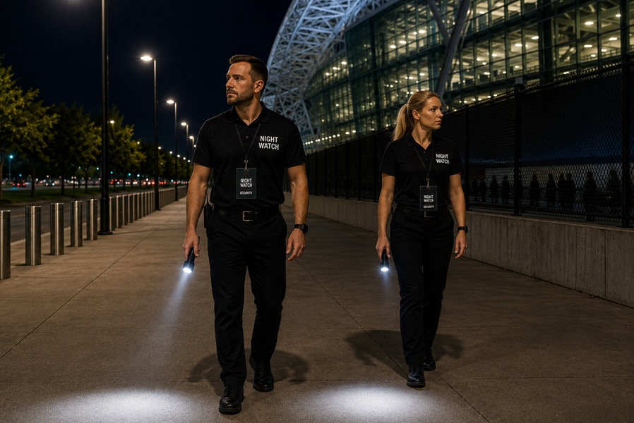 Sports stadium perimeter security staff conducting overnight patrols outside a large arena complex